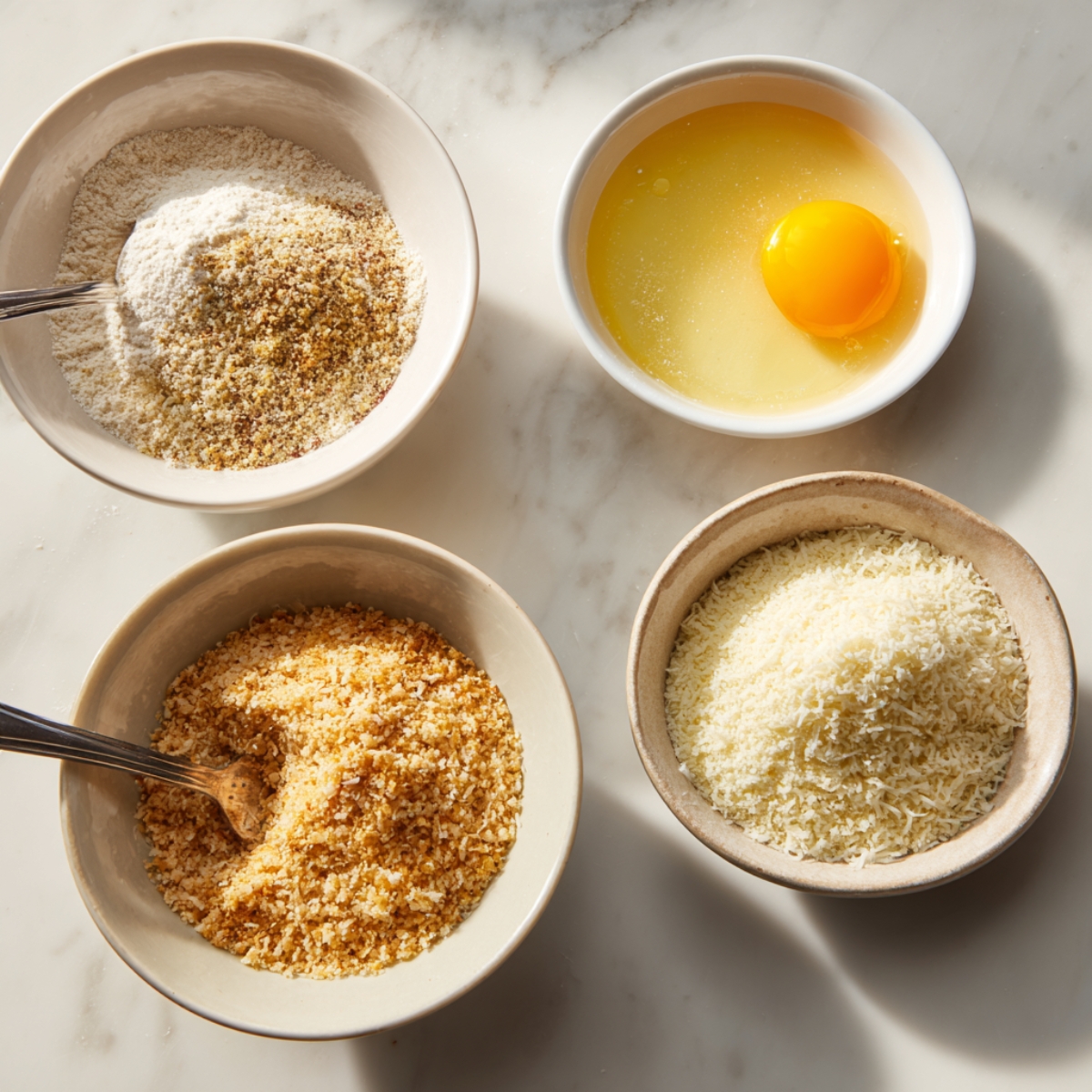 Four small bowls containing breading ingredients: seasoned flour, beaten egg, golden breadcrumbs, and grated Parmesan cheese.