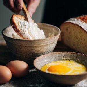 A hand dipping a slice of bread into a bowl of flour beside a bowl of beaten egg and a loaf of fresh bread.