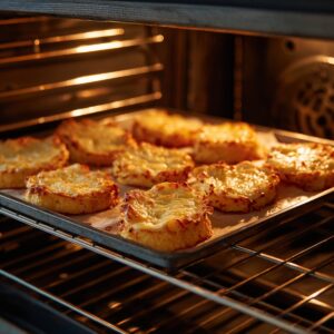 A baking tray in the oven with eggplant slices topped with melted cheese, baking until golden.
