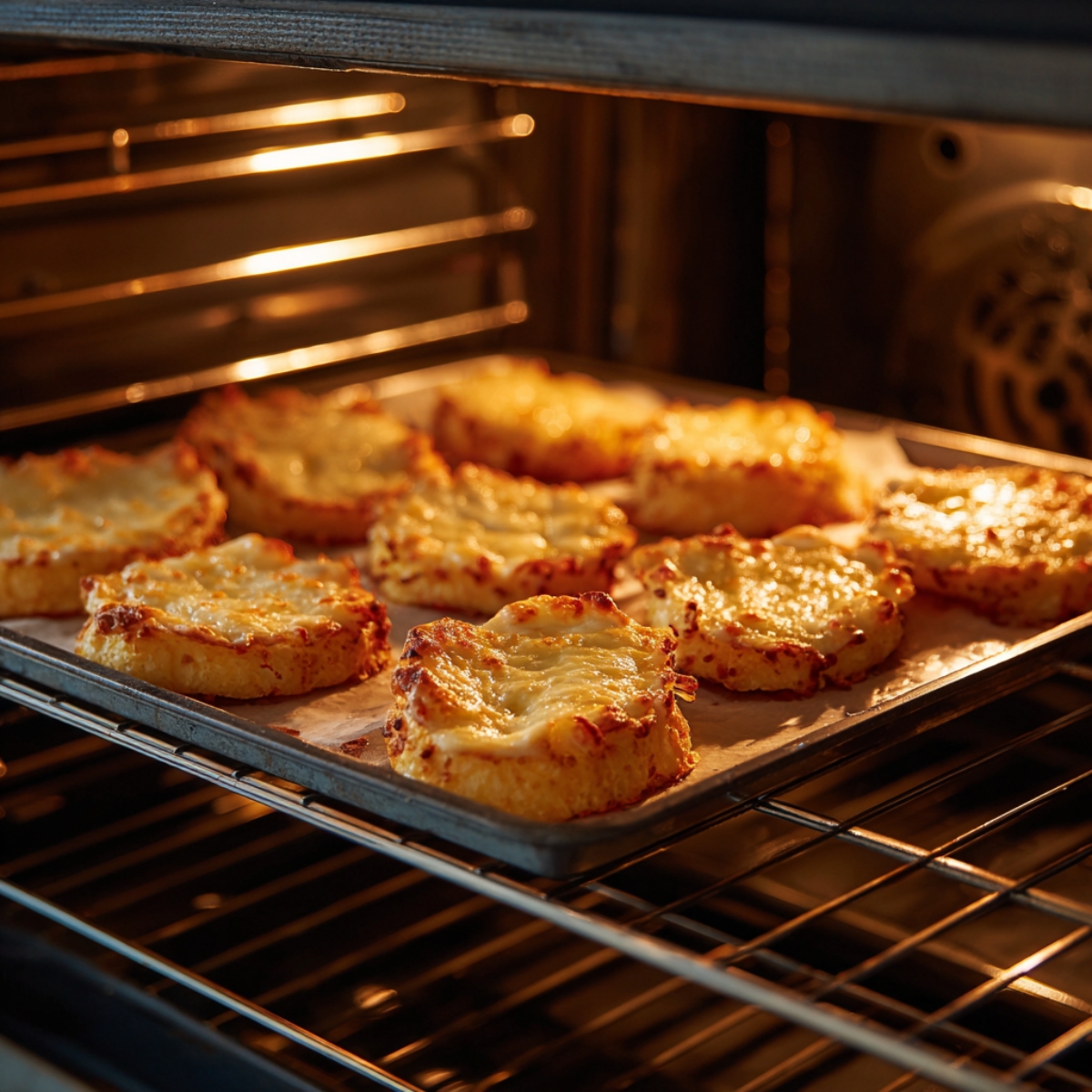 A baking tray in the oven with eggplant slices topped with melted cheese, baking until golden.