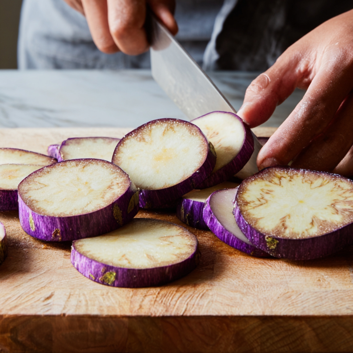 A person slicing fresh purple eggplant into thick round slices on a wooden cutting board.