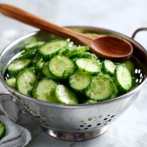 A colander filled with sliced cucumbers being stirred with a wooden spoon, ready for salad preparation.