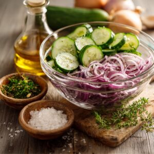 Ingredients for cucumber salad including sliced cucumbers, red onions, dill, and dressing on a wooden board.