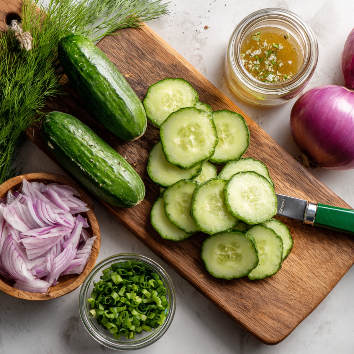A fresh cucumber being sliced using a mint green mandoline slicer on a wooden board with herbs and dressing nearby