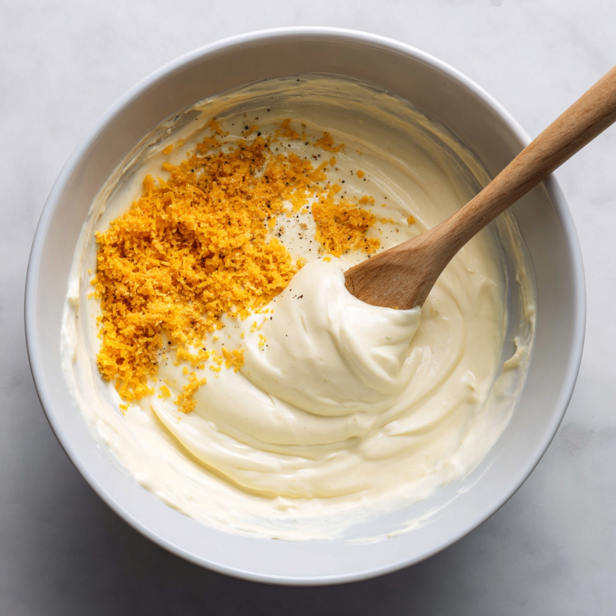 A bowl with sour cream, soup, and shredded cheddar cheese being mixed together.