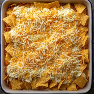 A baking dish layered with crushed Doritos, meat mixture, creamy sauce, and shredded cheese on top.