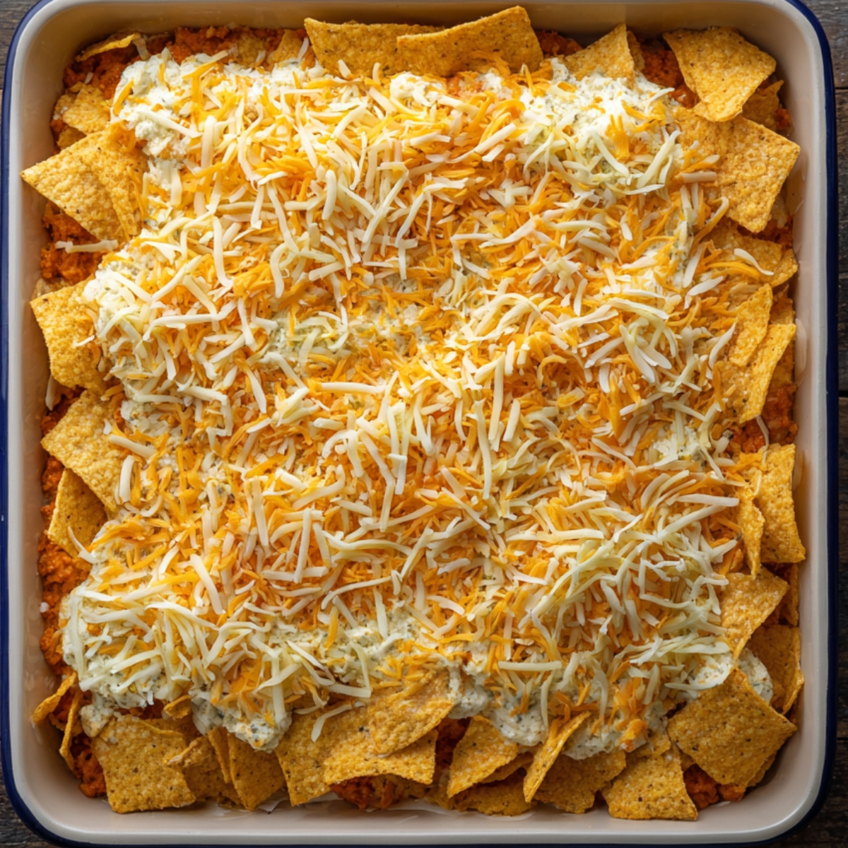 A baking dish layered with crushed Doritos, meat mixture, creamy sauce, and shredded cheese on top.