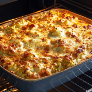 A large baking dish filled with golden, bubbling casserole inside the oven.
