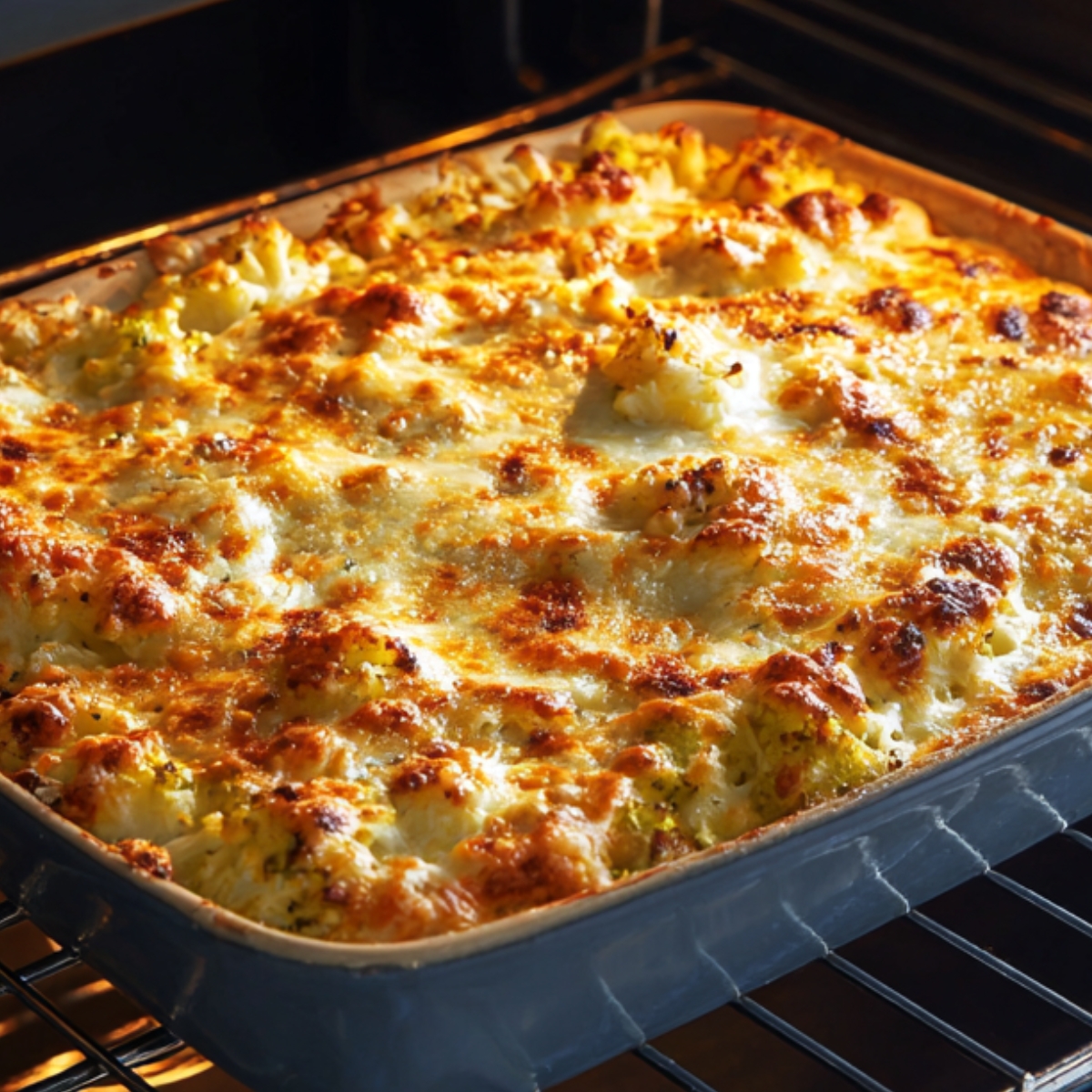 A large baking dish filled with golden, bubbling casserole inside the oven.
