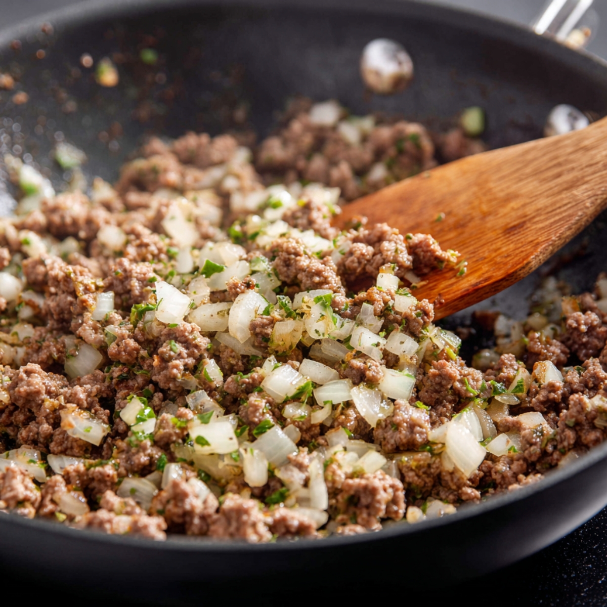 Ground beef cooking in a skillet with diced onions and garlic.