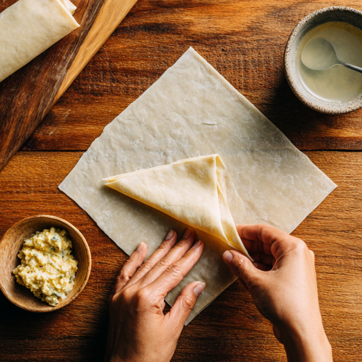 Top-down view of hands assembling an egg roll. A wrapper is placed on a wooden surface in a diamond shape, being folded tightly around a spoonful of filling. A small bowl of sealing paste is nearby.