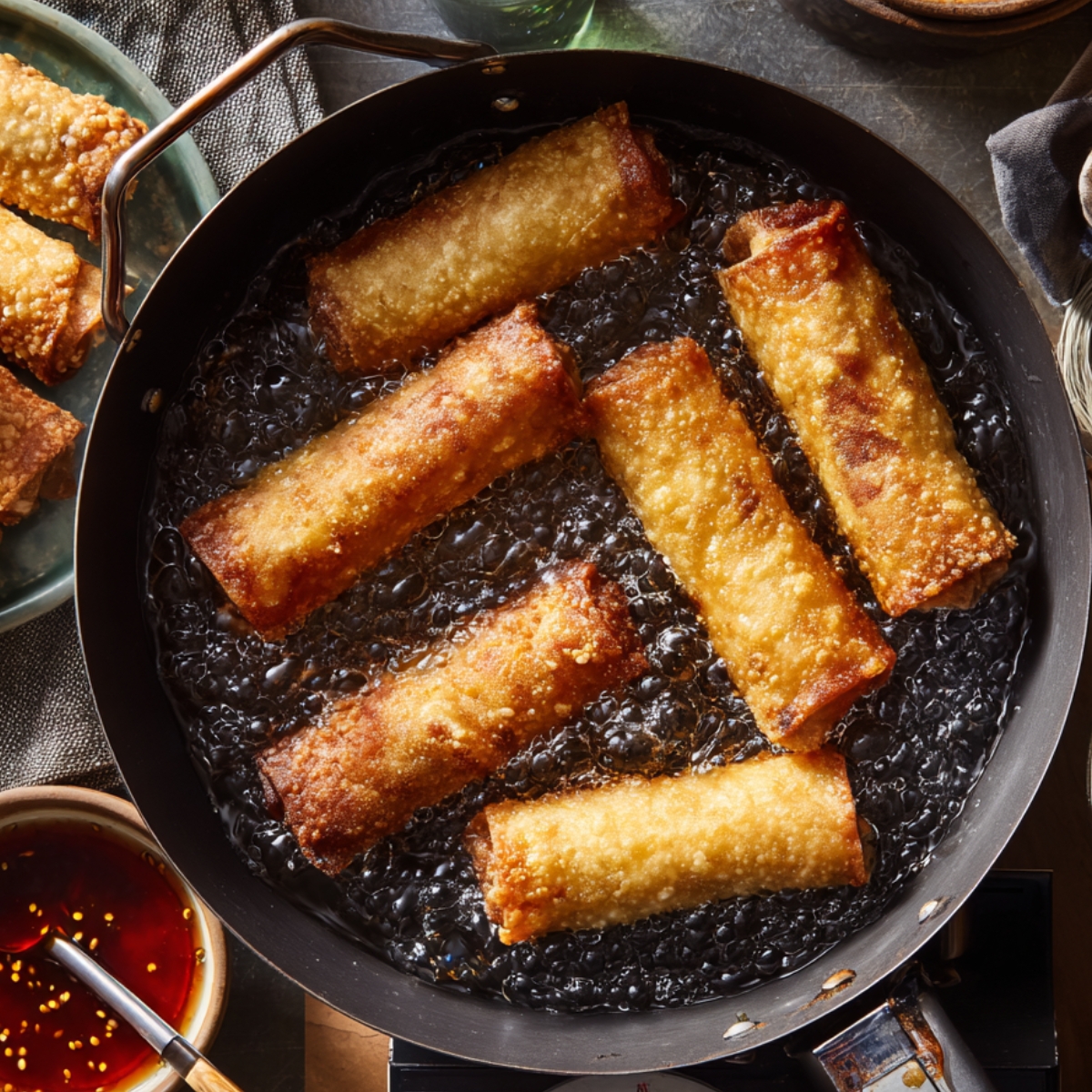 Overhead shot of egg rolls frying in bubbling hot oil inside a deep pan. Several rolls are perfectly golden, while others are still cooking. A plate of fried rolls and a bowl of chili dipping sauce sit beside the pan.