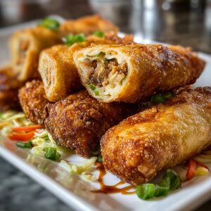 Close-up of crispy golden-brown egg rolls stacked on a white plate, with one egg roll cut open to show the savory pork and vegetable filling. Garnished with sliced green onions and served over shredded cabbage and peppers.