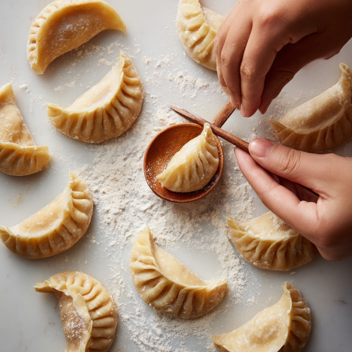 Hands pleating and sealing dumplings on a floured surface. Several uncooked dumplings are already shaped and dusted with flour, ready to be cooked. A small wooden spoon helps hold one dumpling for shaping.