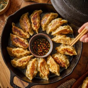 Golden pan-fried dumplings arranged in a circular pattern in a cast iron skillet, with a small bowl of chili dipping sauce in the center. A hand with chopsticks reaches to pick one up. Garnishes and condiments are scattered on the wooden table.