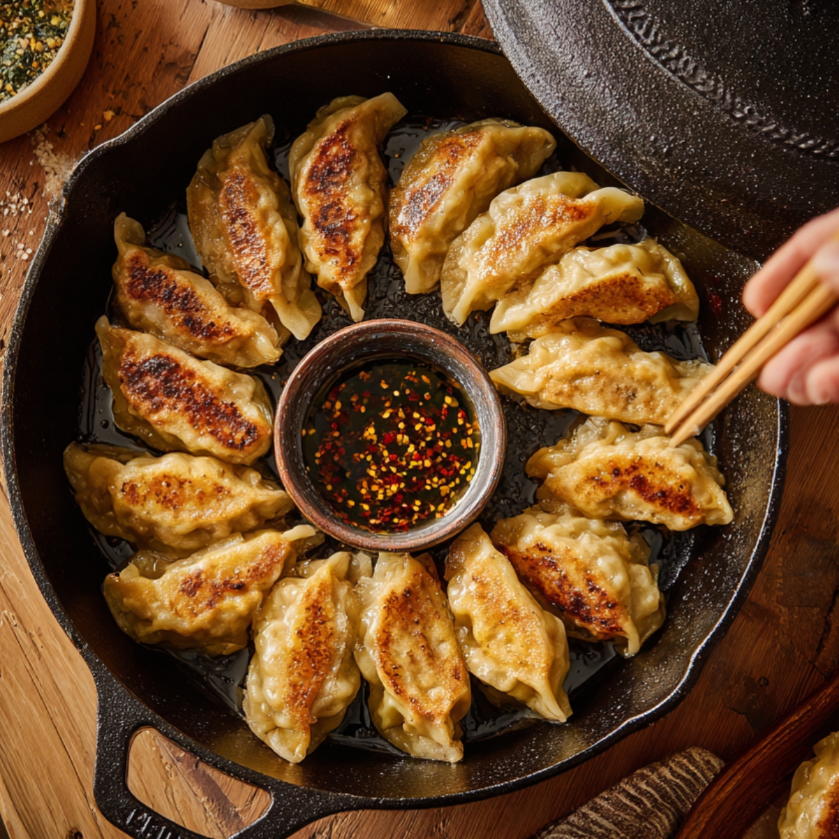 Golden pan-fried dumplings arranged in a circular pattern in a cast iron skillet, with a small bowl of chili dipping sauce in the center. A hand with chopsticks reaches to pick one up. Garnishes and condiments are scattered on the wooden table.