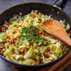 Sautéed napa cabbage and ground pork in a nonstick skillet, topped with chopped parsley and red pepper flakes. A wooden spatula rests in the pan. This mixture is part of the dumpling filling preparation.