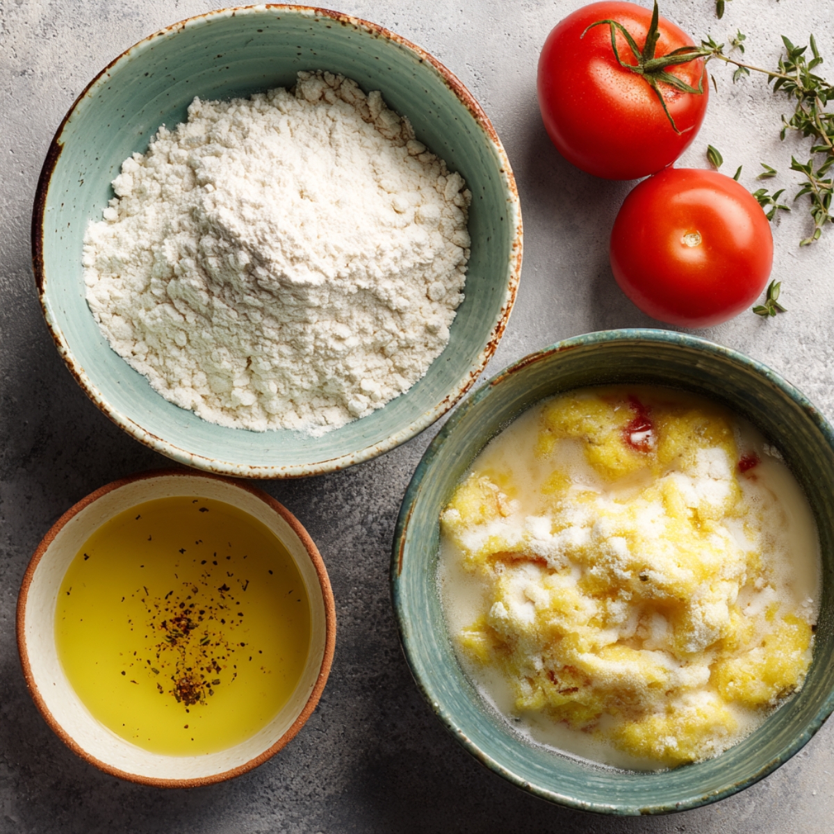 Bowls of flour, seasoned oil, and a wet batter mixture alongside fresh red tomatoes and sprigs of thyme.