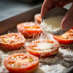 A hand sprinkling grated Parmesan cheese over breaded tomato slices topped with dollops of creamy sauce.