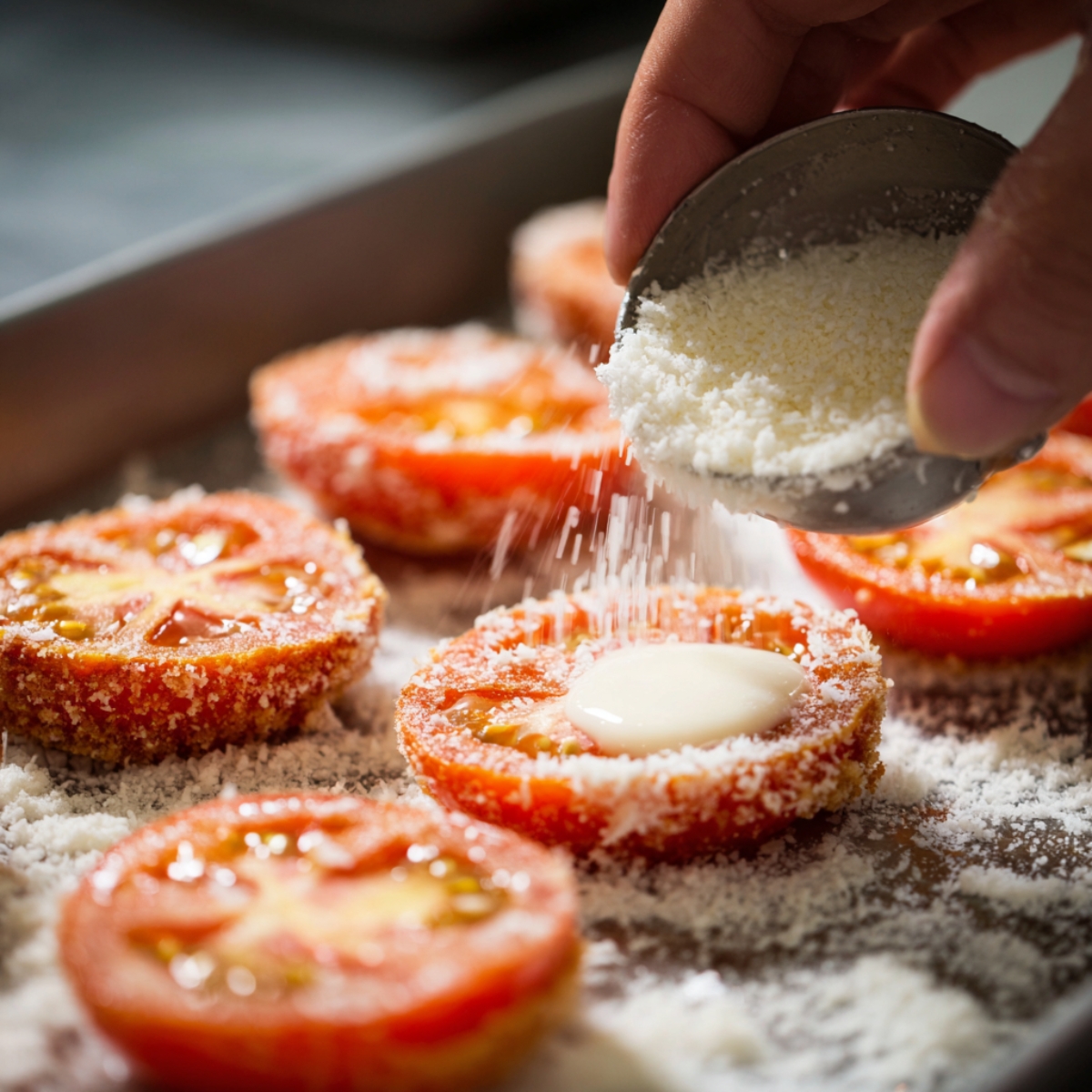 A hand sprinkling grated Parmesan cheese over breaded tomato slices topped with dollops of creamy sauce.