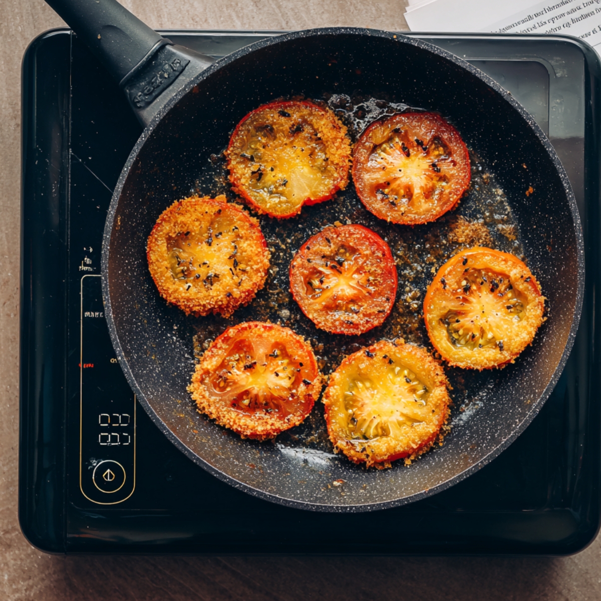 Breaded tomato slices sizzling in a frying pan with a golden crust forming on each piece.
