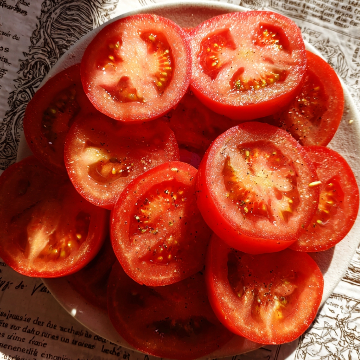 A plate of freshly sliced red tomatoes sprinkled with black pepper and coarse salt, bathed in warm sunlight.