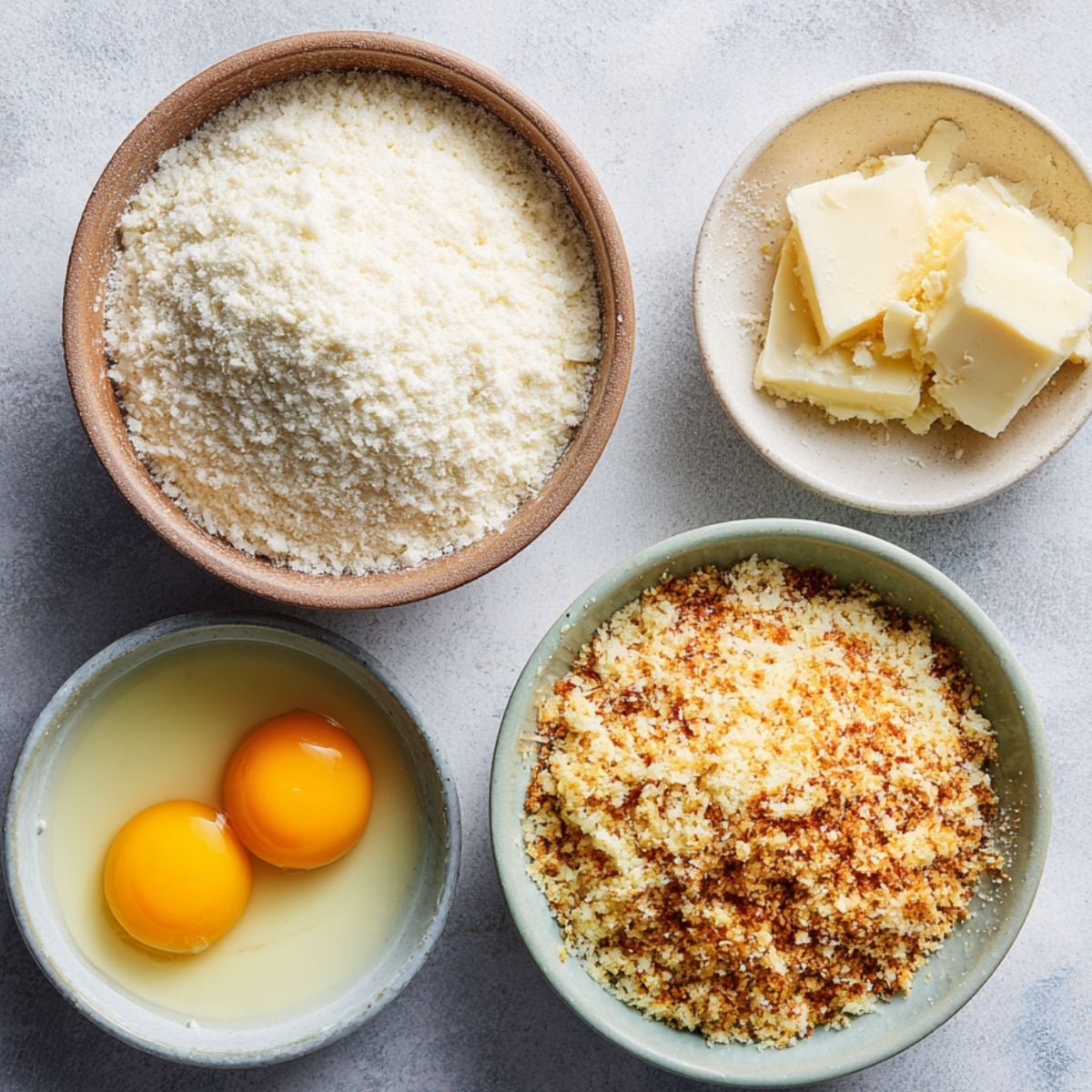 Preparation ingredients including eggs, butter, grated cheese, and breadcrumbs in small bowls.