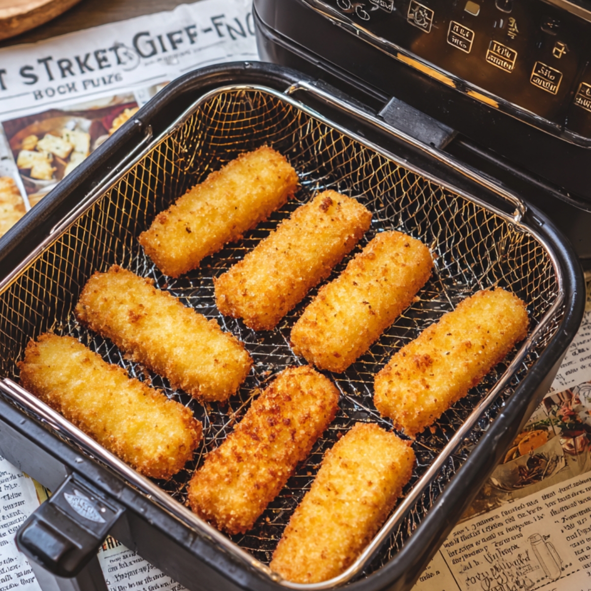 Golden brown cheese sticks inside an air fryer basket after frying.