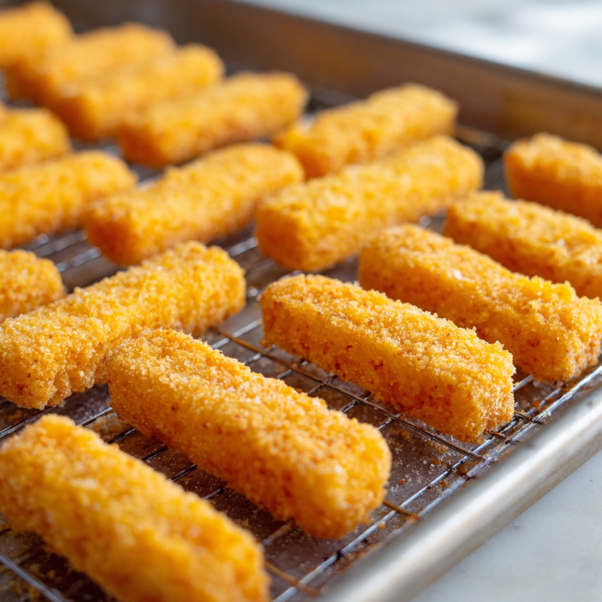Breaded cheese sticks placed on a wire rack over a baking sheet, ready for cooking.