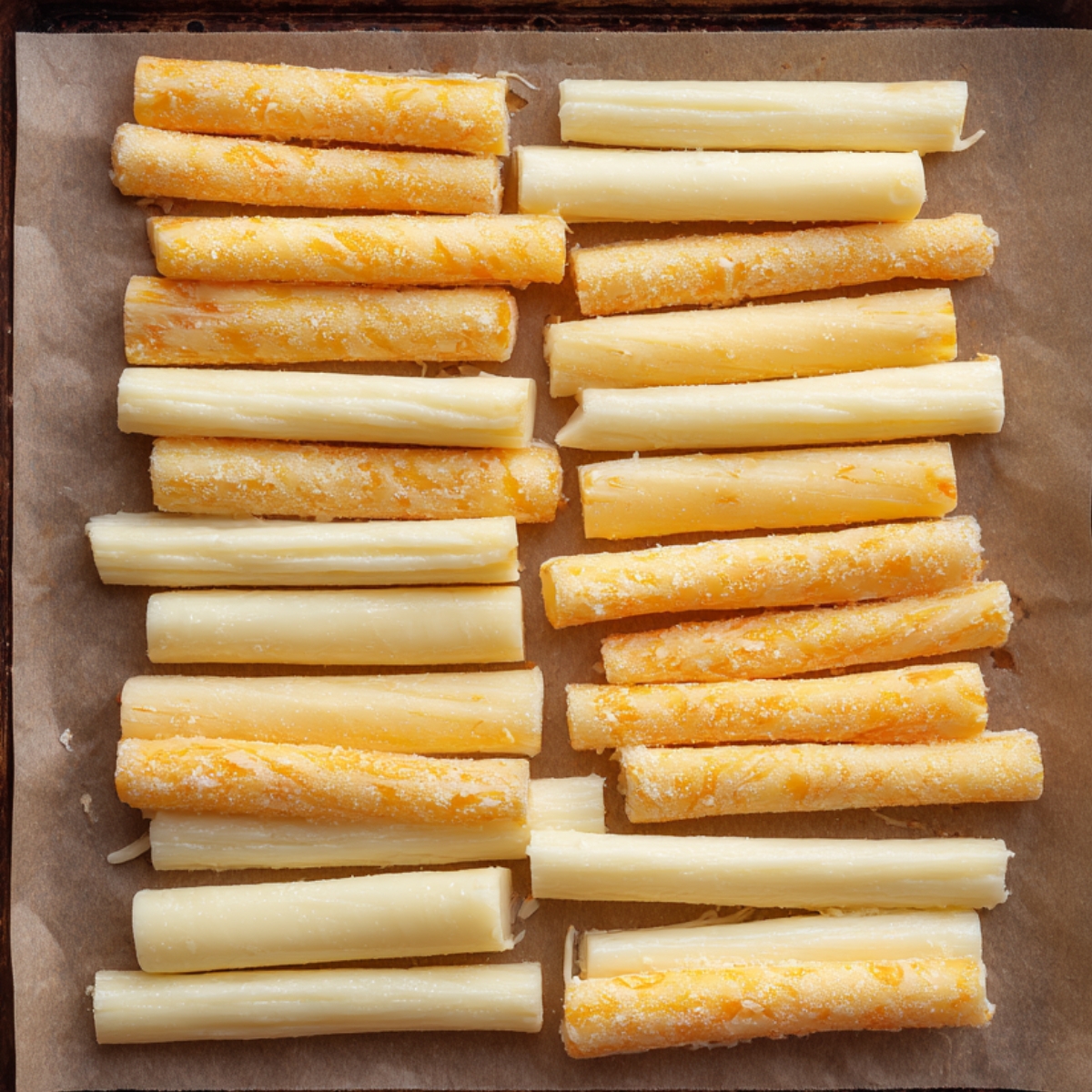 Mozzarella cheese sticks laid out on a parchment-lined baking sheet before breading.