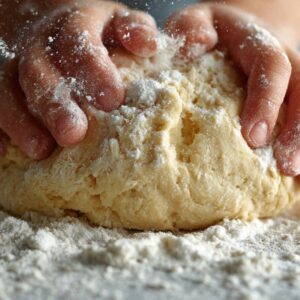 Hands kneading dough on a floured surface.