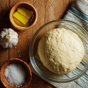 A ball of bread dough in a glass bowl with garlic, olive oil, and salt on the table.