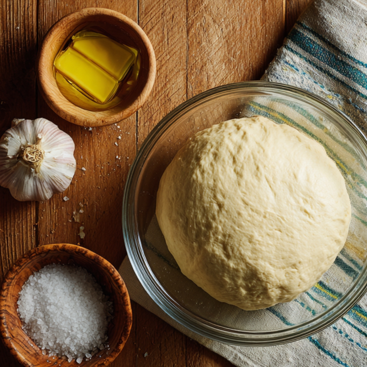 A ball of bread dough in a glass bowl with garlic, olive oil, and salt on the table.