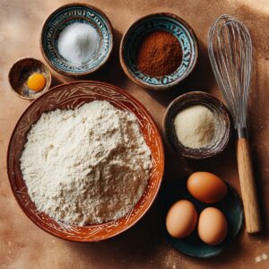 Bread ingredients: flour, eggs, sugar, spices, and a whisk.