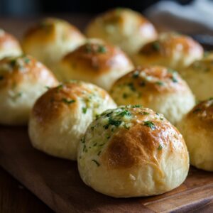 Golden brown bread rolls on a wooden board, topped with garlic and parsley.