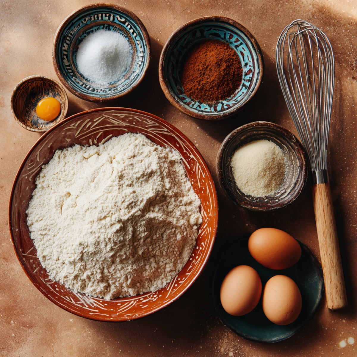 Bread ingredients: flour, eggs, sugar, spices, and a whisk.