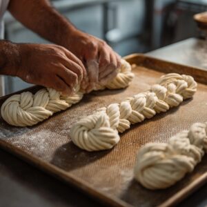 Hands twisting and tying ropes of dough into knots on a baking sheet.