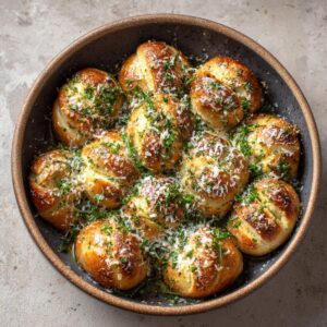 A bowl filled with golden brown garlic knots, brushed with butter, sprinkled with fresh parsley and grated Parmesan cheese.