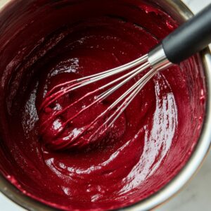 A stainless steel mixing bowl filled with rich red velvet batter. A whisk coated in batter rests inside the bowl. The mixture looks shiny and thick, ready to be poured.
