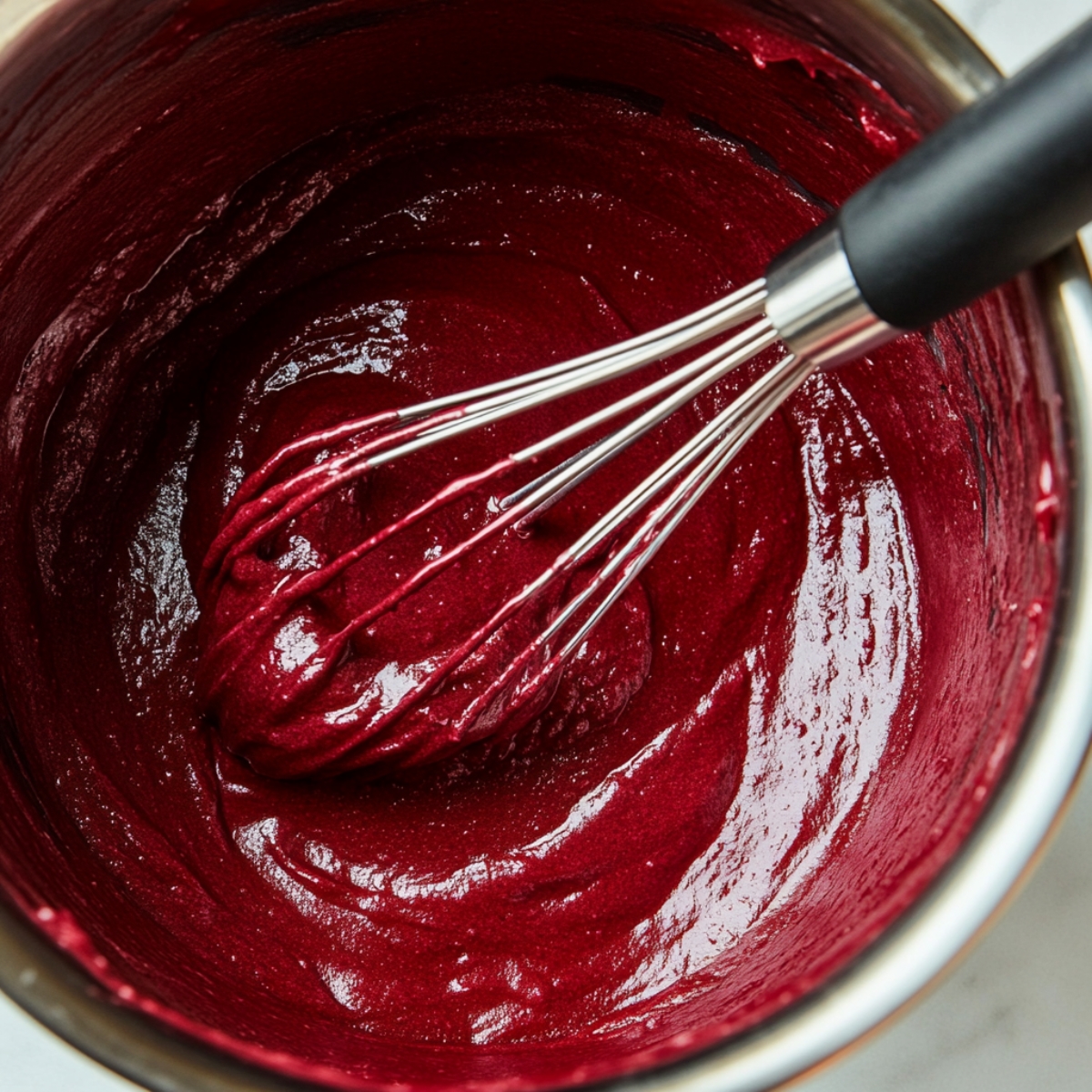 A stainless steel mixing bowl filled with rich red velvet batter. A whisk coated in batter rests inside the bowl. The mixture looks shiny and thick, ready to be poured.