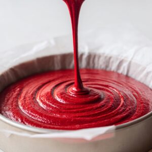 Thick red velvet cake batter being poured into a round pan lined with parchment paper. The texture is smooth and glossy in a deep red shade. The motion shows the start of cake baking.