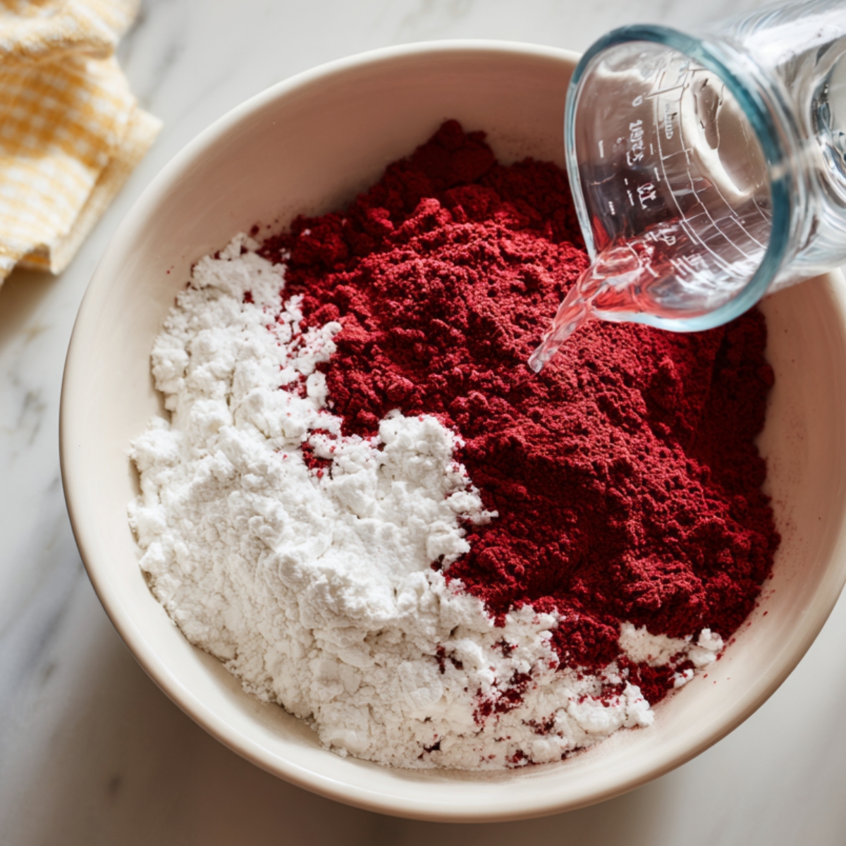 A white ceramic bowl containing white flour and red velvet powder. Clear water is being poured in from a glass measuring cup. A light marble background highlights the color
