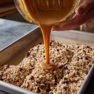 A skillet filled with toasted oats, dried cranberries, and brown sugar being stirred with a wooden spoon.