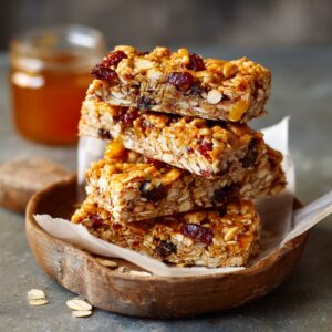 A stack of granola bars in a wooden bowl lined with parchment paper, with a jar of honey in the background.