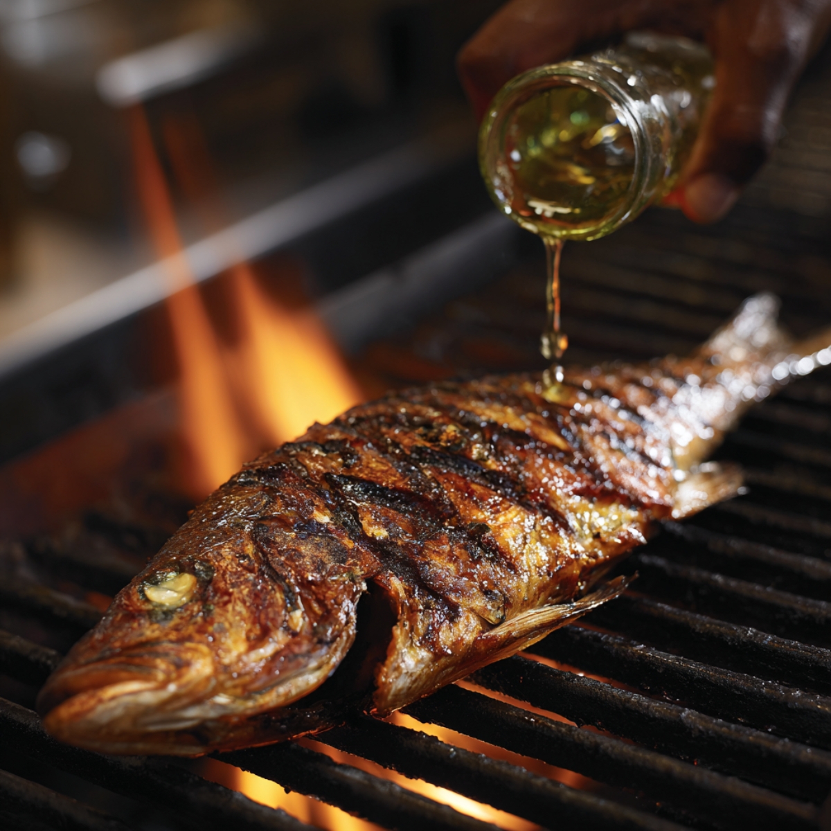 Whole fish on a flaming grill being drizzled with oil, with charred grill marks visible on the skin.