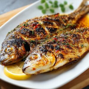 Two whole grilled fish served on a white plate with lemon slices and fresh thyme, seasoned with herbs and chili flakes.