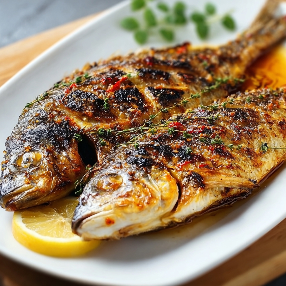 Two whole grilled fish served on a white plate with lemon slices and fresh thyme, seasoned with herbs and chili flakes.