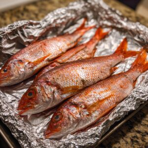 Raw red snapper fish laid on aluminum foil, ready for cooking, with shiny red scales and clear eyes.