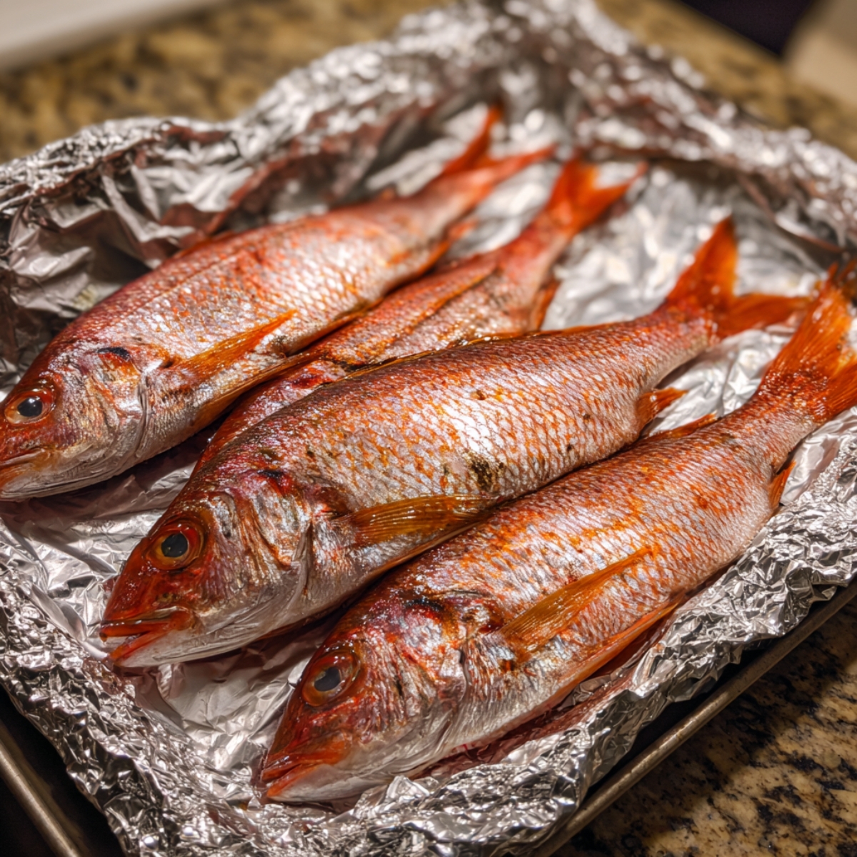 Raw red snapper fish laid on aluminum foil, ready for cooking, with shiny red scales and clear eyes.