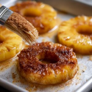 Pineapple rings being brushed with melted butter, brown sugar, and cinnamon before grilling.